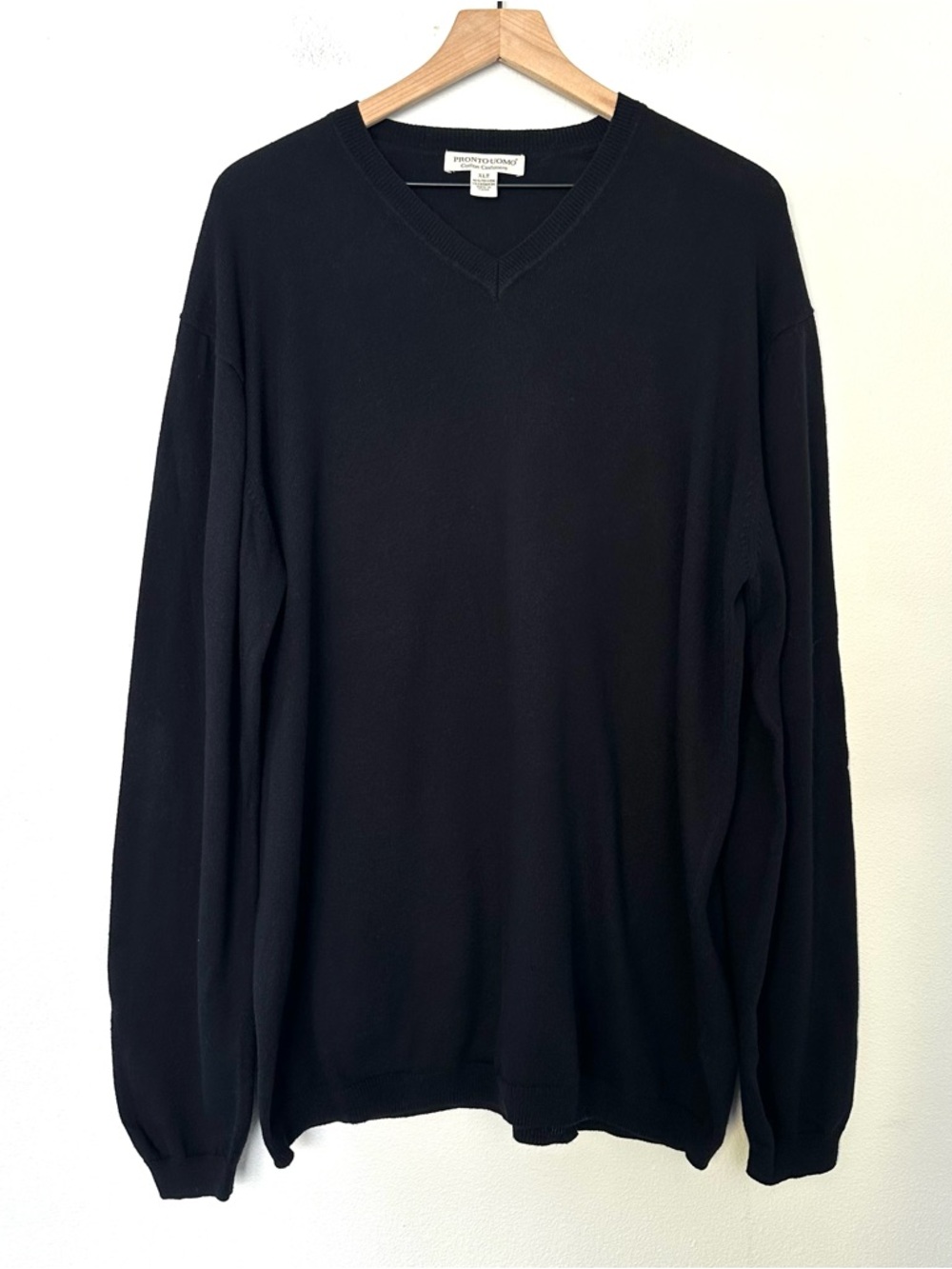 Pronto Uomo Mens 100% Cotton Cashmere V-Neck Sweater XLT Tall Black Knit Preppy